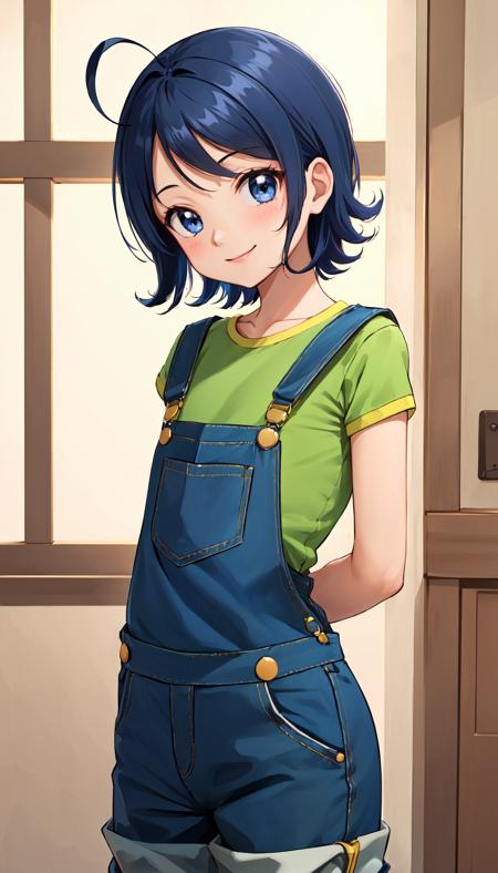 senoo aiko, blue hair, blue eyes, short hair, ahoge, flat chest, smile, shirt, green shirt, overalls, style parody, boots senoo aiko, blue hair, blue eyes, short hair, ahoge, flat chest, smile, gloves, hat, dress, jewelry, earrings, bracelet, witch hat, blue headwear, collarbone, official style