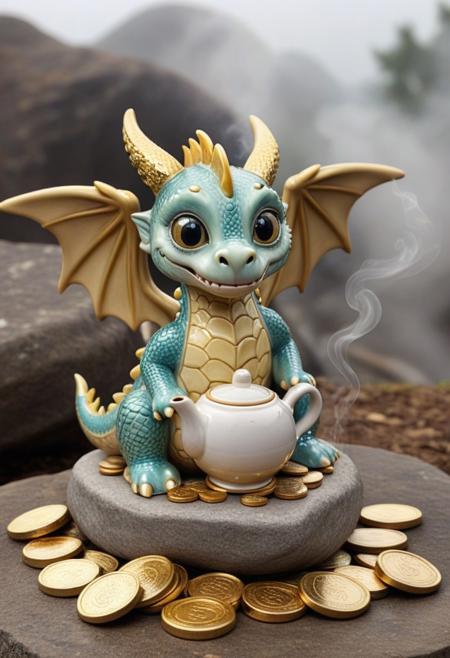 a little cute dragon made entirely of ceramic, sitting on a pile of gold coins, offering a teapot, solo, big eyes, wings, detailed eyes, (smoke:0.9), rock, outdoor, mist