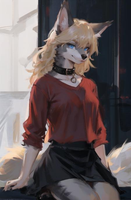 highres,wolf furry girl,blonde,blue eyes,high detail eyes,
red shirt,(black skirt:1.2),(high detail grey fur :1.4),punk collar, fur paws,looking at viewer, 
<lora:æé¨ä¼å:0.7>