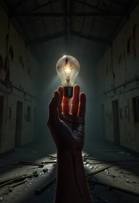 score_9, score_8_up, score_7_up, photorealistic, realistic, epic composition, closeup composition, hand, detailxl, spooky, creepy, horror.
A POV image of (both of a young man's strong and bloody hands cradling a glowing lightbulb, occluding the light), rendered in extreme detail. His hands are strong, bloody, grimy, and creased with deep wrinkles, showing realistic subsurface scattering where the sunlight shines through. He is standing in an abandoned factory with a partially collapsed roof. Dust motes and wisps of fog dance in the filtered sunlight, creating a surreal and atmospheric backdrop. The factory interior is filled with debris, shadows, and a haunting sense of decay.