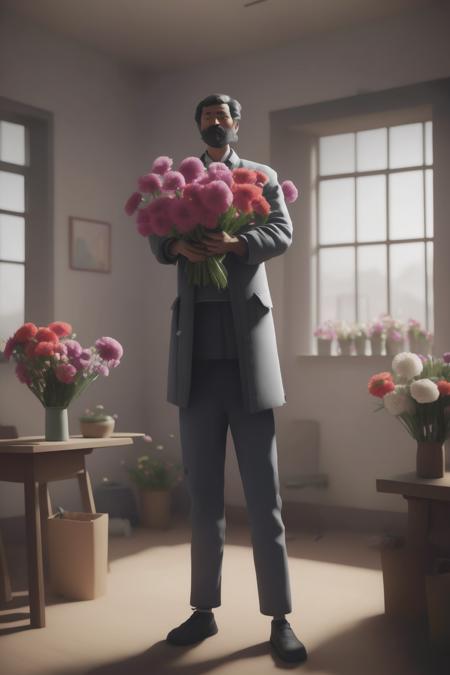 <lora:Moving Meditations:1>Moving Meditations - a man standing in a room with a bunch of flowers in his hand