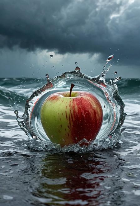 Stable_Yogis_PDXL_Positives
 Imagine a photograph capturing an extraordinary and surreal subject: a transparent apple, crystal clear and perfectly formed, revealing a highly detailed, tumultuous miniature sea raging within. The apple sits boldly in the center of the frame, its smooth, glass-like surface reflecting light and offering a window into the dynamic scene inside. Within, the stormy sea is a marvel of miniaturization - tiny waves crest and crash with realistic ferocity, and if one looks closely, minute flashes of lightning and swirls of wind can be discerned, adding to the tempest's drama. The background of the photo is intentionally simple, perhaps a soft, neutral color or a subtle gradient, ensuring that all attention is drawn to the striking contrast between the serene exterior of the apple and the wild, chaotic seascape it contains. The lighting is key, illuminating the apple in a way that highlights the intricate details of the storm inside while maintaining the overall clarity and impact of the image.