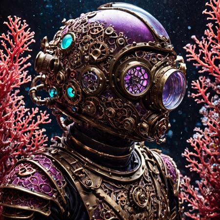 A Victorian-era deep-sea explorer in brass armor overgrown by delicate fan and cup corals, with clockwork gears encrusted in vibrant purple and turquoise encrusting coral nodes. Bubbles climb around the diver’s cracked helmet, revealing a glimmer of coral-textured glass. Dark abyss background highlights the diver’s intricate, coral-woven silhouette. —style coralbugXL