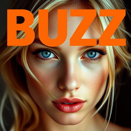 A fashion close up portrait in the style of the 1990's super models.
A woman with bright blue eyes is looking straight at the viewer. Her blond hair frames her face with some strands in front of her face..
The image is back lit adding to the high key effect.
The top of the image has the word BUZZ in large orange letters.