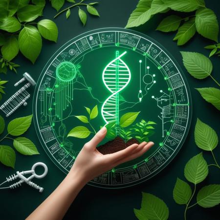 A symbolic representation of bioethics, 
featuring a balance between nature and technology. On one side, 
a human hand holds a DNA strand surrounded by green leaves and plants, 
symbolizing life, 
growth, 
and nature. On the other side, 
a robotic hand holds a circuit board with glowing lines, 
representing technology, 
artificial intelligence, 
and scientific advancement. Between the hands, 
a scale balances the ethical dilemmas of science and nature. In the background, 
a peaceful landscape merges with futuristic cityscape, 
illustrating the harmony and conflict between these two realms, 
incorporate animals