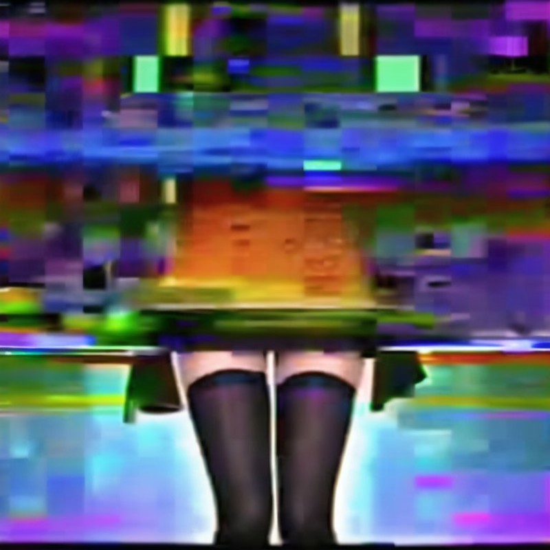 <lora:VHS3:1.0> , VHS, VHS footage of, distortion,  [glitch], blue eyes, bread, checkered, food, skirt, solo, thigh-highs,...