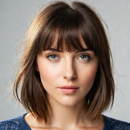best quality, beautiful , 25 year old 
 woman, brunette hair with a fringe, (full face portrait:1.2), face portrait, detailed face, hyper realistic, (facing camera), (looking into the camera), studio portrait, natural lightning, perfect shadows, (white background:1.1)