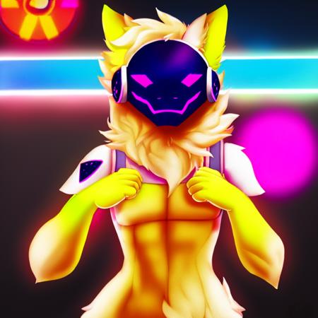 A sharp focus headshot bust portrait pretty soft shading watercolor lined digital artwork protogen smiling glowing protogen visor furred nude featureless looking at viewer standing neon cybercity background