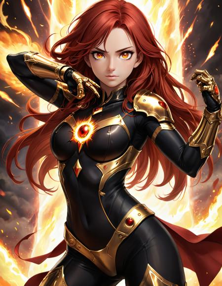 Ezra Scarlet, a fiery red-haired anime warrior with brown eyes, stands resolute. Her crimson armor, gleaming with gold accents, marks her as a protector. Clad in a black bodysuit for agility, she wields enchanted gauntlets pulsating with magical energy. Her eyes burns with unwavering determination. This is Ezra, a tempest ready to unleash her power.