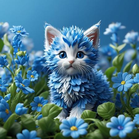 Image of kitten made of flowers, by Adam MarczyDski, digital art, very cute, blue realistic 3 d rendering, bipl, macro 8k, adorable and whimsical, made of blue flowers, vertical wallpaper 4 k, blue color, beautiful detailed miniature, beautiful art uhd 4 k, beautiful hd wallpaper]. -- ar  64:96