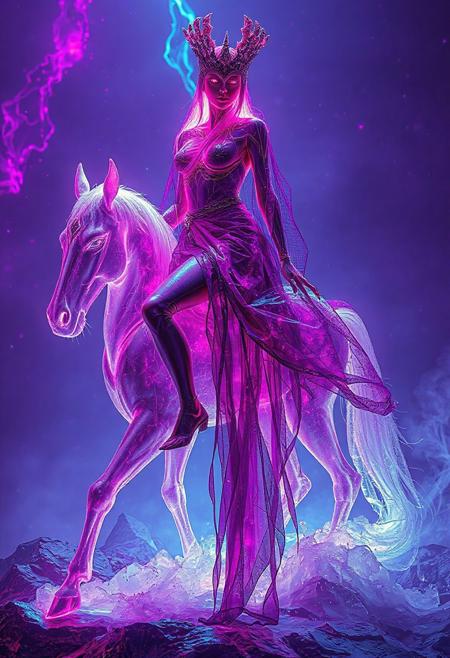 toxic skin art style, Laevateinn with neon lava-magenta galaxy black and white color palette Skin archaea/woman, Bioluminescence translucent background, full view, hyper realistic, masterpiece, 32k, detailed, full body view, female ,Big legs, wide hips, a the woman wearing shattered glass like robe, woman is riding a Laevateinn with pearl-white magenta galaxy black and white color palette Skin,