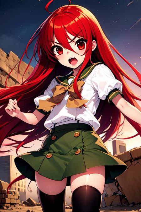 1girl, cowboy shot, rubble ruins, angry, (fighting stance:1.2), open mouth, (night:1.2), 
shana, red eyes, red hair, very long hair, hair between eyes, (ahoge:1.1), , school uniform, serafuku, white shirt, short sleeves, green skirt, thighhighs, <lora:shana_lora_ver1:0.7>, best quality, masterpiece, highres, <lora:GoodHands-vanilla:1>