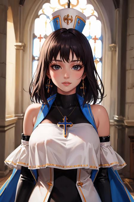 masterpiece, best quality, <lora:dnfcrusader-nvwls-v1-000010:0.9> dnfCrusader, hat, cross necklace, cross earrings, black dress, detached sleeves, large breasts, upper body, looking at viewer, cathedral