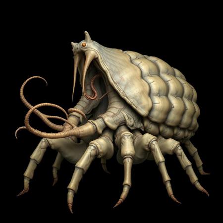 giant pill bug, sand crab, large gapping maw with tentacles reaching outward, claws to push food in, hr gieger, lovecraftian, high detail, armored shell, many legs, ((side view))