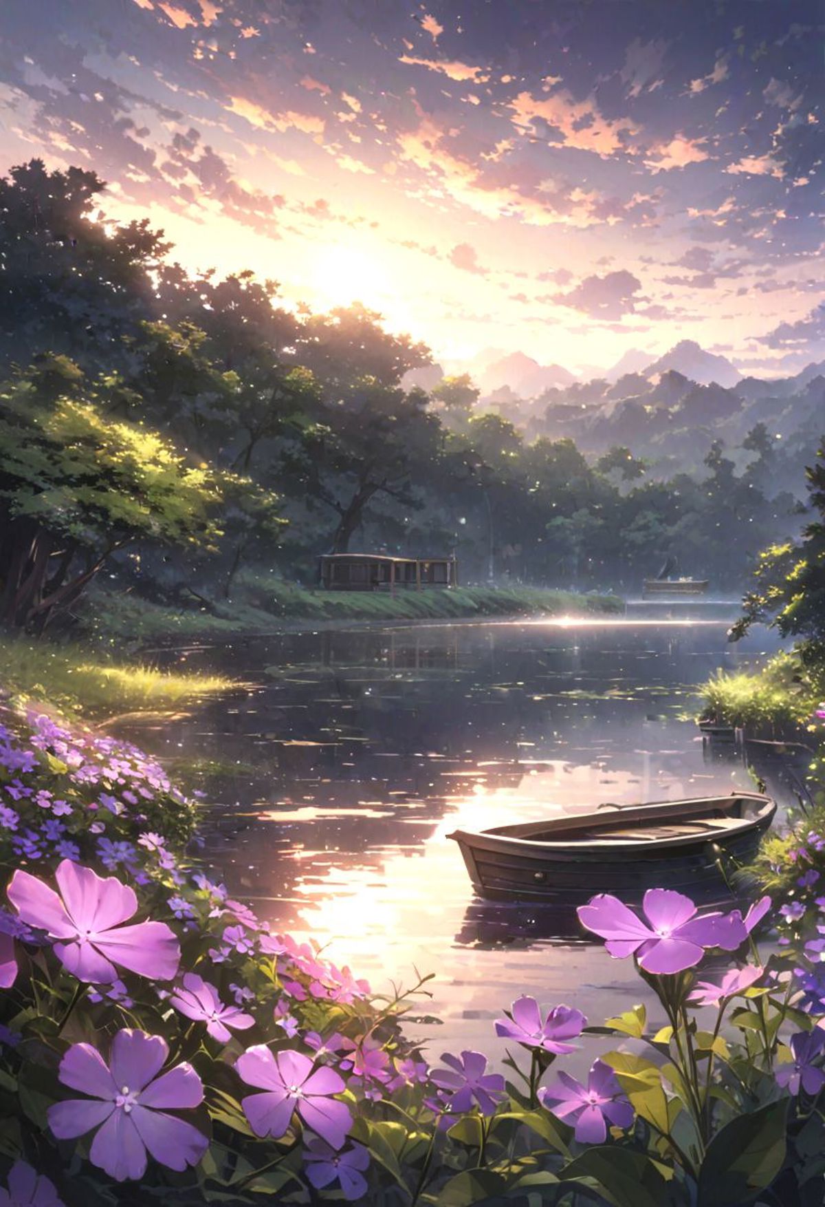 detailed background,( Calm spring night landscape), amongst lush greenery, beautiful view, creeping phlox in full bloom, c...