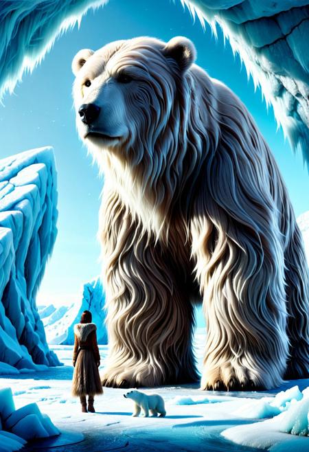 very aesthetic, attractive coloring, surreal clarity, absurdres, (anime coloring:1.2), elegant lighting, ambient tones, soft shadows, clean line art, a colossal polar bear standing behind a small-statured Inuit woman, arctic landscape with icebergs, white and blue tones, made of w00kiee, charming atmosphere, intricate detail, romantic tone, sharp focus, central framing <lora:Wookiee_Hair:1.15>