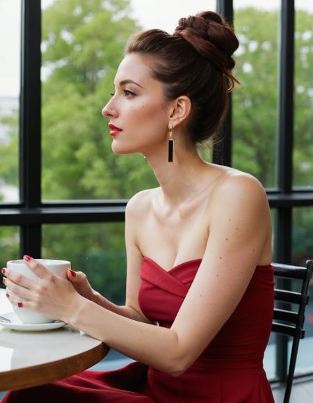A photo-realistic shoot from a profile camera angle about a young woman sitting at a table in a cafe with large windows, wearing a red off-the-shoulder top. the image also shows a blurry outdoor scene with cars and trees visible through the large windows. on the middle of the image, a 20-year-old woman with fair skin and auburn hair styled in a bun appears to be looking to the side with a sultry expression. she is wearing a strapless red top with black buttons and has a pair of earrings in her ears. her hair is tied up in a single bun and she has a mole on her left cheek. her eyes are brown and her lips are parted, giving a sensual expression. her body is slim and she is sitting on a black chair. the lighting is soft and natural, coming from the large window behind her., 1girl, solo, breasts, looking at viewer, brown hair, dress, jewelry, bare shoulders, sitting, brown eyes, collarbone, upper body, earrings, indoors, hair bun, nail polish, off shoulder, blurry, auburn hair, cup, lips, strapless, blurry background, window, chair, table, ear piercing, freckles, nose, realistic, camera_angle: profile, art_style: photo realistic, location: indoor, cafe, background: large windows showing a cityscape with trees and cars visible through them, text: NA, shoes: NA;NA, clothing: red top, accessory: earring, hair_color: brown hair;NA._composition: middle;middle, distance_to_camera: upper body;upper body