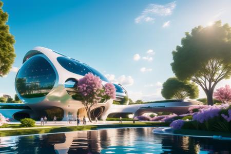 (masterpiece),(high quality), best quality, real,(realistic), super detailed, (full detail),(4k),8k,scenery, sky, outdoors, day, building, water, blue sky, river, boat, reflection, flower,tree,bush,grass, aircraft,
((Futurism)),  Building,
 <lora:JJsFuturismBuilding:1>