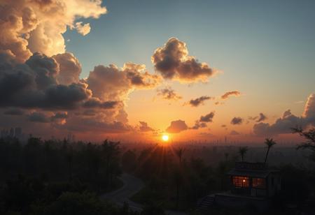 A landscape of a post-apocalyptic city. A dense forest grows near the city. Clouds float across the sky. The setting sun shines. In the middle, between the city and the forest, there is a surviving roadside cafe with lights in the windows.