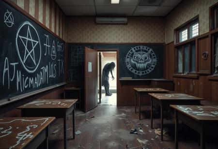 offcentered framing, authentic, Japanese school setting from the corner of the room view, blackboard with drawn occult, pentagram and lines that form different creepy but detailed pictures, the room filled with flying dust, symbols on it and drawn face of scary creepy monster with chalk, the room is a mess, on the wooden floor there are destroyed and moved school desks on a destroyed the floor itself is damaged and scratched with the claws, there is a crack in the slightly opened door the claws are coming through that crack behind the door window you can barely see the silhouette of a creepy creature with very long tongue, the lights on the ceiling are broken leaving room in an earie dark state, extremely detailed photo, UHD, ultra high resolution,