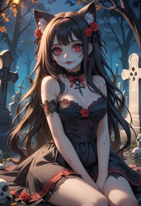 score_9, score_8_up, score_7_up, score_6_up, dynamic, (anime, masterpiece), best quality, (8k), detailed background, sharp focus, intricate, ambient lighting, super high quality, hyper detailed background, cinematic lighting, adult, double tone long hair, mature, Day of the Dead, embedding:zPDXLxxx, spooky, cat ears, dress, sitting, graveyard, addDetailXl.MLUV, Nyaomi<lora:Nyaomi.safetensors:1.0:1.0> <lora:addDetailXl.MLUV.safetensors:1.0:1.0>