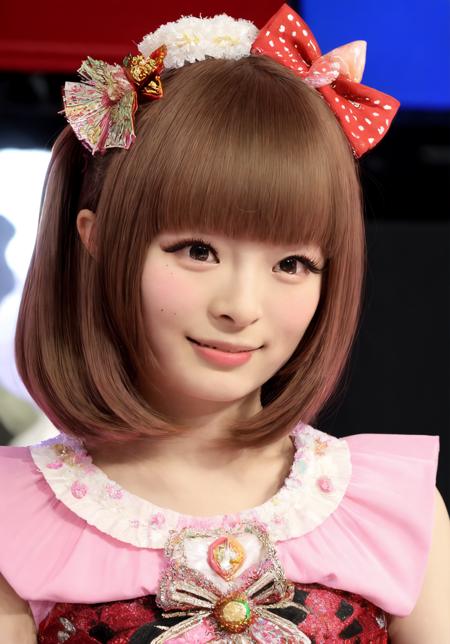 1girl, pamyurin, stage, audience, crowd, facing viewer, looking at viewer, eye contact, outdoors, festival, smile, two-tone hair, petite, flat_chest, blush, long_eyelashes, fake_eyelashes, masterpiece, absurdres, highres, realism, close-up, hair accessories, harajuku fashion, teen girl, full_body