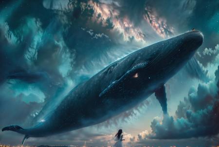 xuer Big whale, 1girl, whale, sky, long hair, star \(sky\), solo, dress, standing, starry sky, cloud, scenery, oversized animal, blue theme, night, outdoors, light particles, night sky, wide shot
<lora:~Q?-| xuer Big whale:0.8>