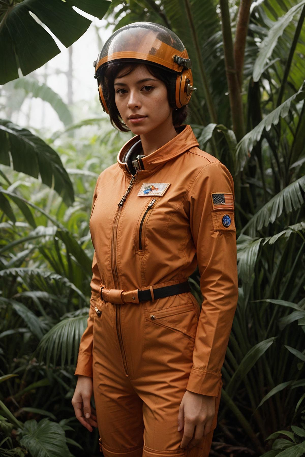 Woman in orange astronaut suit with headphones on and surrounded by plants.