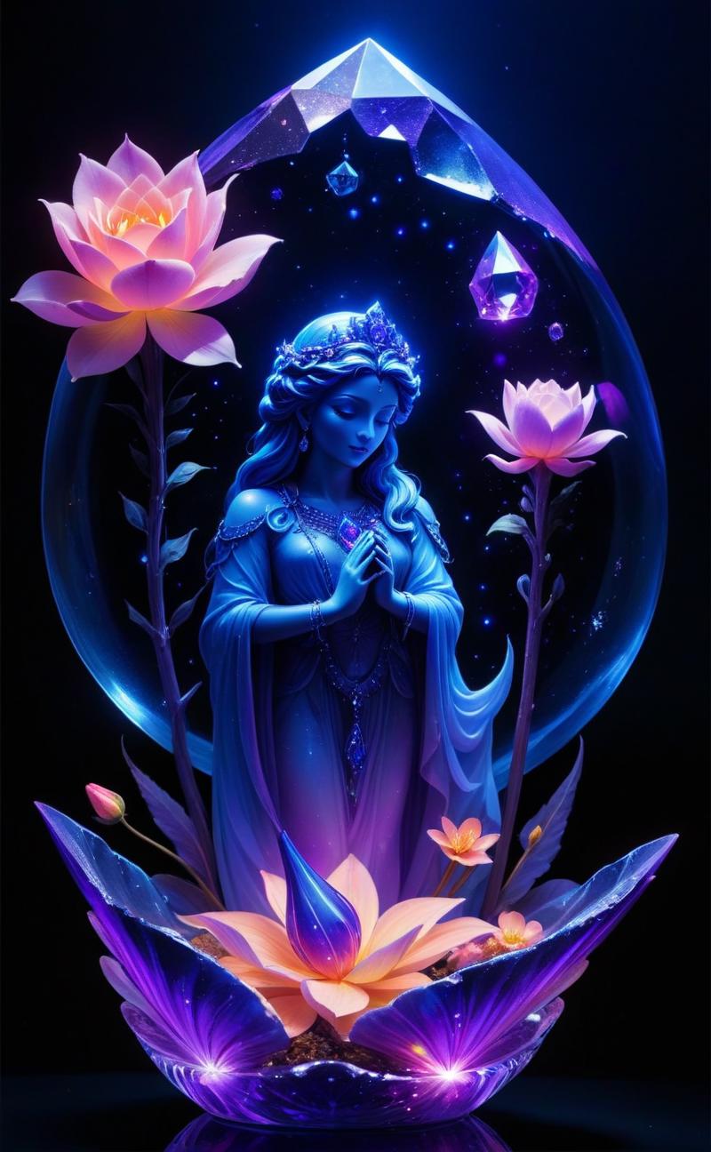 A blue painting of a woman praying surrounded by flowers and gems.