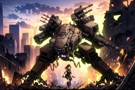 1girl,masterclass,best quality, illustration, ,walker, robot, non-humanoid robot, mecha, gun, ruins, ruins of a city, smoke, buildings on fire, ruins on fire, destroyed, <lora:E1_mech_anything_model:0.7>