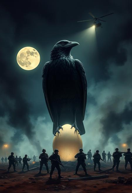 In a surreal nocturnal setting, a colossal crow towers over a group of heavily armed soldiers, its presence both majestic and ominous. The crow, illuminated by the glow of the full moon, has just laid a massive egg on the barren battlefield. Soldiers cautiously surround the scene, weapons drawn, as a helicopter hovers overhead, its searchlights piercing through the smoky, chaotic background. This artwork juxtaposes the mundane and the extraordinary, symbolizing nature's dominance amidst human conflict.