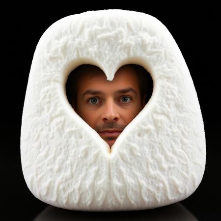 One marshmallow with a heart-shaped hole. A man is peeking out of the hole. The face is spread over the entire hole.