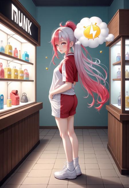 masterpiece, detailifier, shaders, perfect shadows, perfect lightning, perfect shaders, real anime style, detail eyes, magic eyes, de01, high resolution, high definition, 4k, great details, high quality, detailed, high detailed anime style, a sign that says only buzz are accepted, girl with long white and red hair, white sports shirt and long sports shorts, white socks, old tennis shoes, would be looking at a display case which sells various products, these would have their price (randomly over 1000) and with a small yellow buzz symbol (yellow lightning) replacing the dollar symbol, minimalist shop, minimalist ambient, the display case would be very well decorated and detailed, a sign that says only buzz are accepted, from the girl would come out a cloud that represents her thought which has an empty wallet and next to it a yellow buzz symbol (yellow lightning), hair simulating movement, detailed hair, detailed image, realistic hair movement simulation, extremely detailed hair, realistic hair, beautiful face, gorgeous face, perfect face, display case with valuable items, has a smile of excitement when seeing something, A illustration in the rimixa style, anatomically perfect body, sign, buzz simbol, buzz image, cloud hair, minimalist style, legible letters, ponytail, fluffy hair, fitness body, beautiful face, electronic shop, a sign that says only buzz are accepted, a sign that said buzz