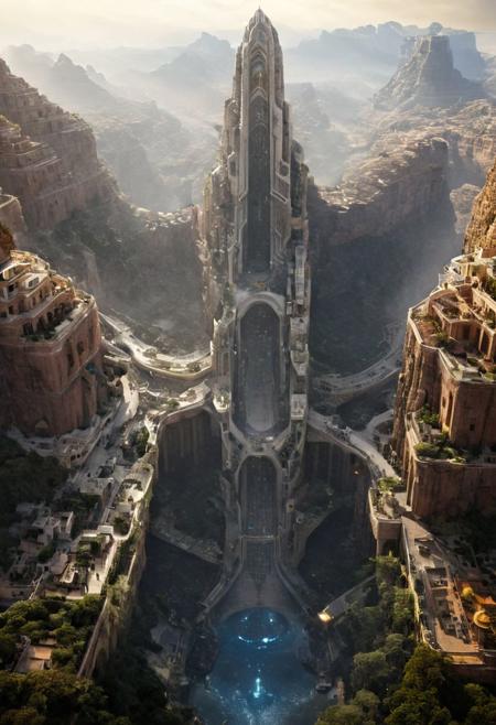 POV view , DOF,
(Ancient civilization, Alien Prometheus movie scene, dune movie scene:1.5), (The colonial city of the future, in the mist-filled Grand Canyon, on an unknown Earth-like planet, 2 moon on sky, Spaceship flight connects colonies, waterfulls:1.3), (Machu Picchu, a mountain settlement, incredibly spectacular:1.2), (Mario Botta:1.3), (avant-garde, future, reality, science fiction, photorealistic), (modern architecture:1.2), White limestone with black granite, fountain, waterfall, landmark, square, path, narrow street,
(Large Files, Ultra Realistic, 8K, 16k, FHD, HD, VFX, Perfect, Photography, composition, Architecture Sales Photography, Architecture Competition, Ultra High Resolution, Cinematography, High Resolution Image:1.1), (dramatic lighting, direct sunlight, ray tracing, clear shadow:1.2),  (real landscape:1.1), (blurred background:1.0), (urban background, more_details) ,
great lighting, clear, hillscastel, <stardeaf-cold-arc>, xtower, industrialbuilding