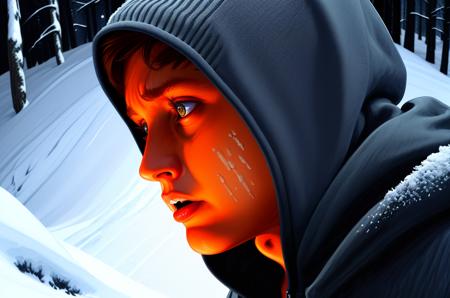 (ddstyle:1.2), painting of an scared young man wearing a hoodie stumbling in the snow, profile view, hunched over, blizzard in the woods at nighttime, realistic, detailed clothing, intricate detailed background, high quality, (low key lighting) <lora:the_conspiracy_b2:1>