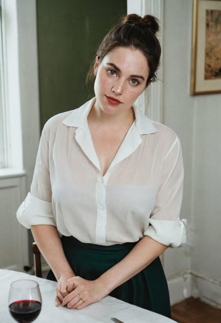 Film photograph taken in a plain  suburban dining room. Liv sits at the table with a carafe of red  wine  and a wine glass. She blushes, shy, sexual arousal as she looks down at her hand the table, coyly brushes hairs out of her face. She is obviously aroused 
LIV wears a black skirt and white collared blouse, partially unbuttoned. Dining room is cozy, white walls  and natural wood. 
LIV is an  older attractive 45 year old woman. long brown hair parted sharply in the center, up in a messy ponytail, flowing down past shoulders. Italian heritage, resembling TYLER, LIV. smooth pale skin with makeup. thin trimmed Penciled eyebrows. thin lips, slight underbite and big chin and chubby cheeks, high cheekbones, rectangular shaped face, thicker neck, wide jaw. Dark cateye eyeliner and a few light freckles. 5 foot 3 inches tall and 200 pounds, thicker neck, full breasts with cleavage, high cheekbones, wide round nose. dark brownish Green eyes, bright smile showing gums. Thigh gap. Soft tummy
