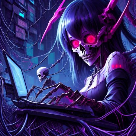 <lora:darkhacker:1> darkhacker, anime hacker girl using keyboard, laptop, demon skeleton, connected to wires