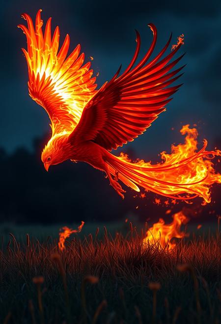 a hellish phoenix flying over a meadow at night, its wings are covered with fire, the fire from its wings flows onto the meadow and sets it on fire, fantasy, real image
