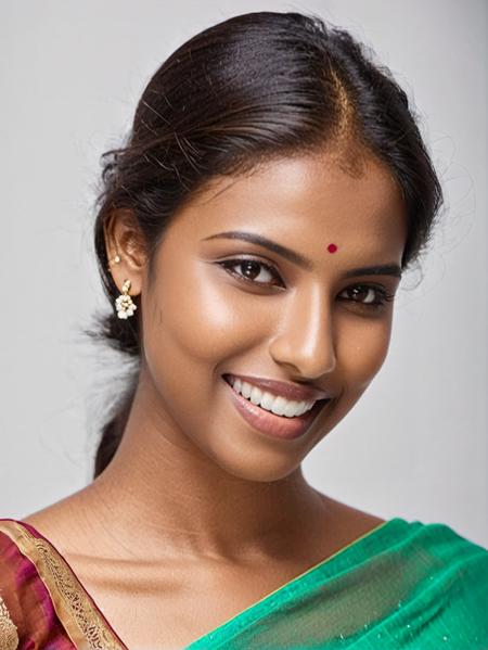 upper body medium close-up photo of pretty desiespresso woman, (cotton_saree_blouse:1.2), light impish smile, white matte background <lora:DesiCoffee_LoKr_V2_SDXL-step00002000:0.8>