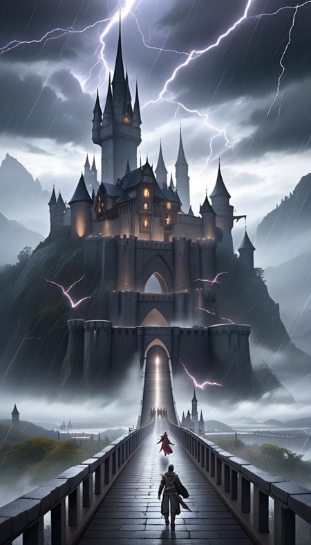 A fantasy landscape featuring a floating castle amidst a stormy sky, with lightning bolts striking the castle towers. The castle is made of gray stone and has a medieval design, with tall spires and turrets. In the foreground, a group of adventurers are crossing a rickety bridge, facing strong winds and rain. In the background, mountains rise up to meet the stormy sky, their peaks shrouded in clouds and mist. The overall tone of the image is dark and dramatic, with a sense of danger and adventure.