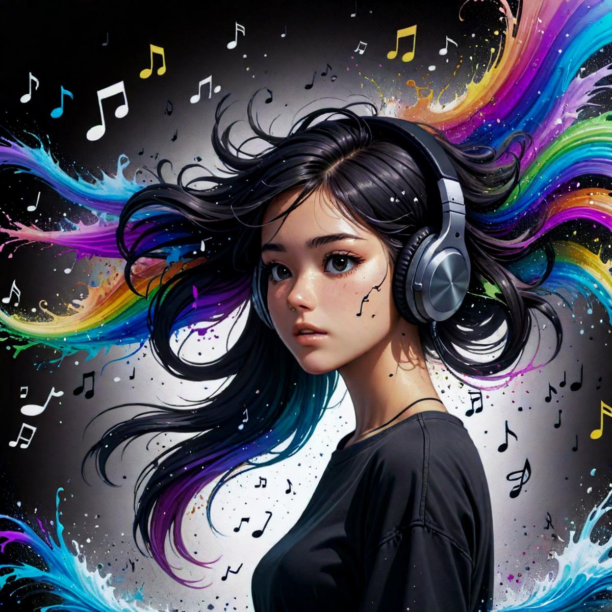 A woman with long hair and headphones on, surrounded by music notes.