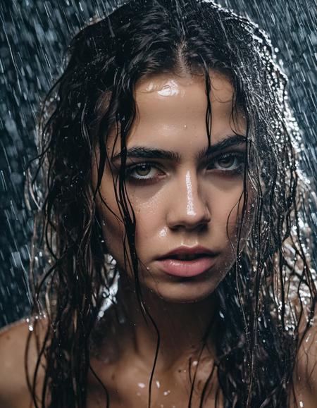 <lora:SolomiaM:1.0>close-up professional portrait photography of (slmmvskpmom woman) downpour, soaking wet, dripping wet, wet hair, runny makeup, scared, action pose, facing viewer, accurate lighting,