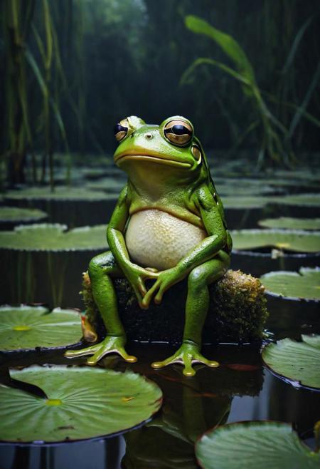 A frog is sitting on a water lily, ( sad pepe_frog:1.2), unhappy, full body, swamp, from side, 
(oil on canvas:0.1), cinematic light, Jeremy Mann, dark shot, vegetable, highlights,
<lora:ClassipeintXL1.9:0.3> <lora:pepe_frog SDXL:1>, ,best quality, high resolution, extreme detail, outstanding composition, masterpiece,