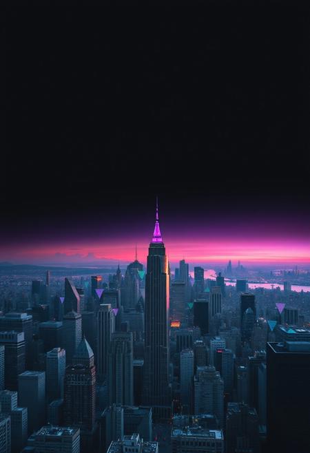 A surreal digital art piece depicting a city skyline where skyscrapers morph into abstract geometric shapes, viewed from an aerial perspective that emphasizes the urban landscape's whimsical and unsettling nature. The horizon transitions between stark black and a vibrant emotional gradient of purples, blues, and pinks, evoking feelings of wonderment and unease while highlighting the intriguing juxtaposition between reality and fantasy in this uniquely crafted image.