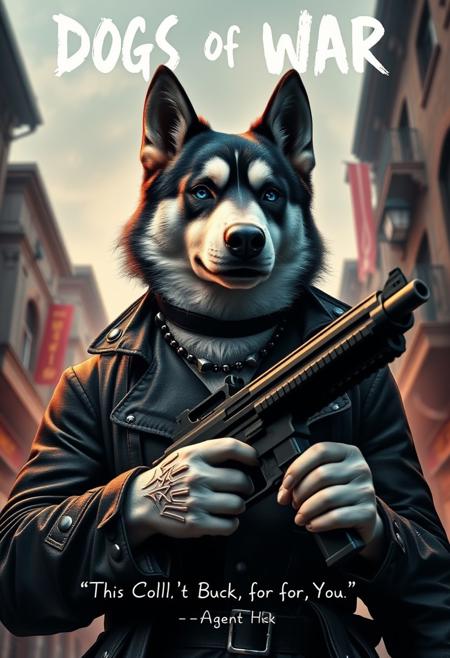 A masterpiece poster of a husky dog man, anthro, athanthropomorphic military character, grizzled war veteran, mercenary, small head and buff body, at the top the words ("Dogs of War") are written in a stylish sketchy large font, at the bottom the quote ("This collar isn't for me Bucko, it's for you" -Agent Husk) is written in a small white font, he is athletic fit tall muscular body, solo, wearing a cool black leather trench coat, wearing a black collar with small metal spikes, blue sharp serious angry eye, his other eye covered with black eyepatch, holding a large black handgun, from below, magical fantasy war-torn city, gothic fantasy city, life-like masterpiece realitic photo, hyper realistic, A photogenic soft scene, digital 4k art, bokeh, depth of field, detailed eyes, 4K, vivid, extremely detailed, perfect anatomy, maximalist, dynamic, absurdres, 8k photography, three point perspective, Ultra-realistic, Hyperrealism