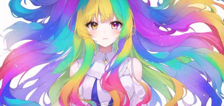 1gril,clear face,High definition, white background,paint effect, long hair girl with white mixed with rainbow color flowing hair and starry color clothes,Beautiful hair,white hrie,rainbow hair