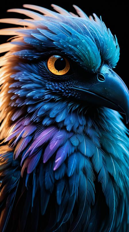 close-up of a bioluminescent avian creature, feathers that pulse with light, eyes like twin suns, iridescent beak snapping softly.