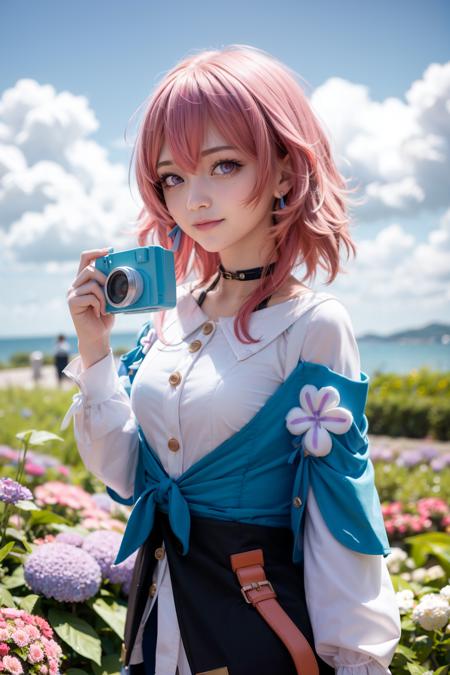 masterpiece, best quality,  <lora:March7th:1>,march7th, 1girl, camera, flower, solo, hydrangea, smile, rainbow, pink hair, viewfinder,looking at viewer, outdoors, shirt, long sleeves, bangs, cloud, white shirt, heterochromia, long hair, blue flower, sky, holding camera, recording, cloudy sky, virtual youtuber, blue eyes, blurry, hair between eyes