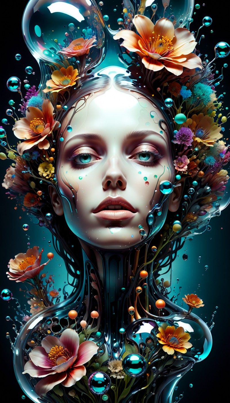 biomechanical style illustration beautiful woman, colorful melting human head. acrylic bubbles and flowers, ferrofluids, w...