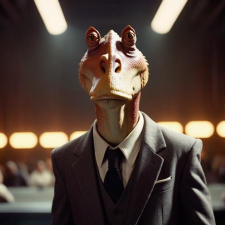 cinematic film still of  <lora:Jar Jar Binks :1>
Jar Jar Binks a man in a suit and a horned head in star wars universe, shallow depth of field, vignette, highly detailed, high budget, bokeh, cinemascope, moody, epic, gorgeous, film grain, grainy